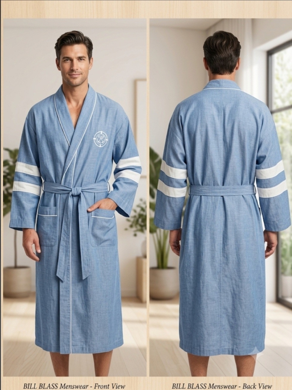 Bill Blass Mens Vintage Blue Chambray Kimono Bathrobe Embroidered OS (No Belt)
